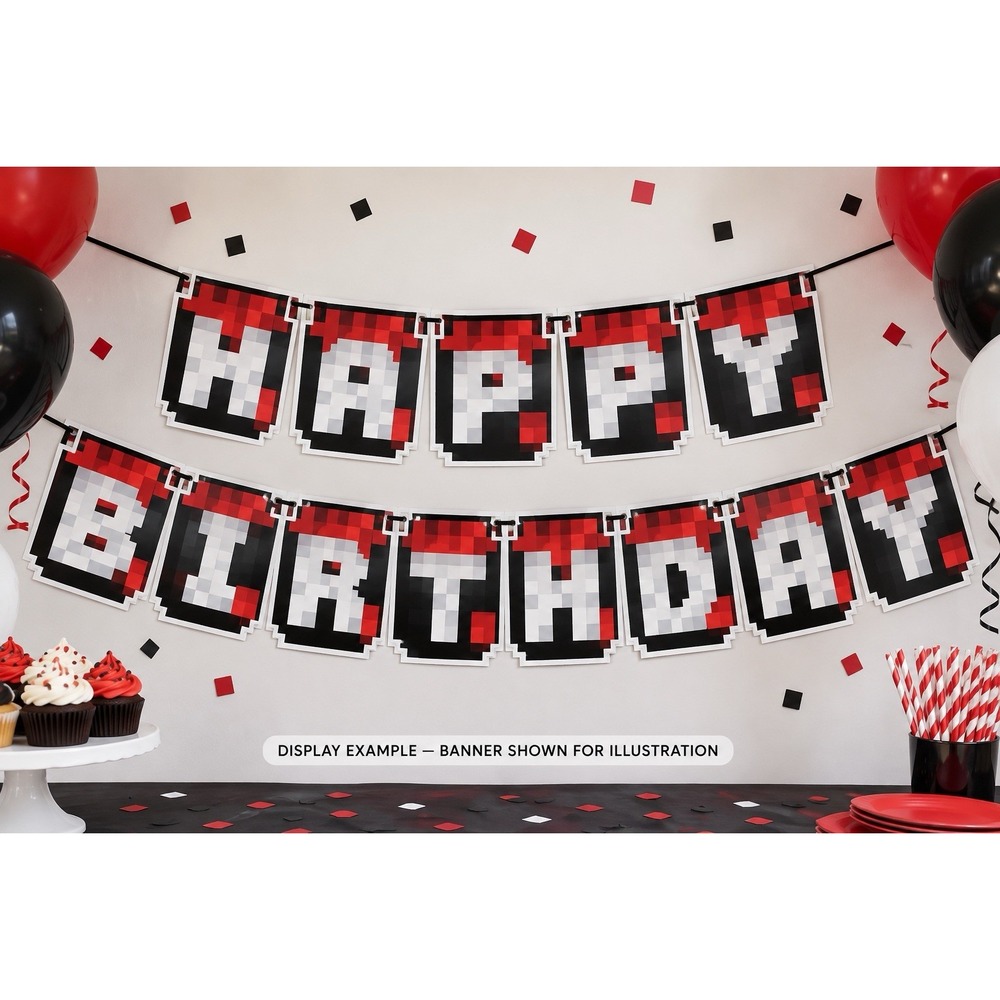 I0266-Pixel Happy Birthday Banner Red White Gaming Theme Party Decoration NEW